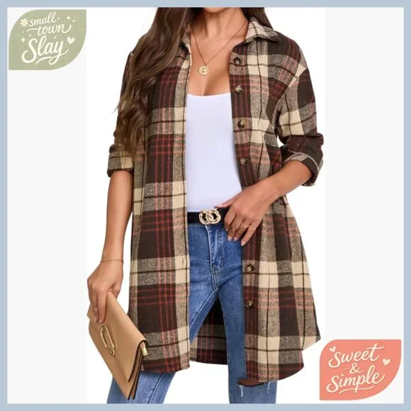 Women's Flannel Button-Down Shirt Long Sleeve Loose Fit Plaid Top - Picture 1 of 7